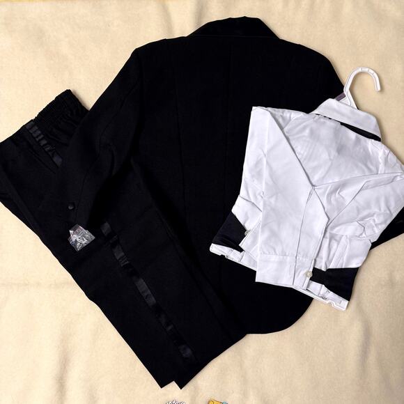 Vintage 90s Tuxedo Suit Set Boys Size 3T Black White 100% Polyester 4-Piece - Picture 2 of 9